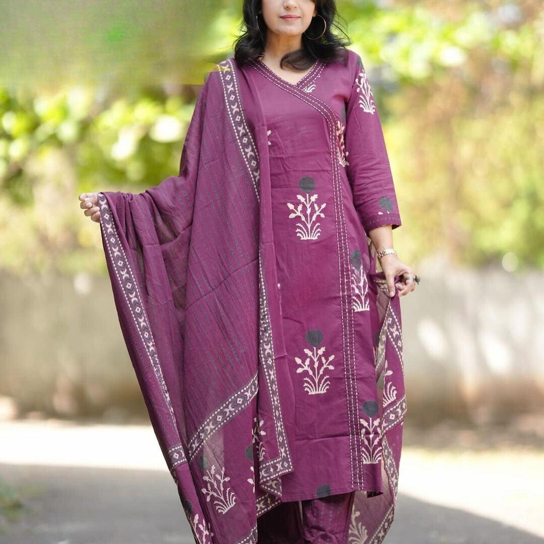 Maroon Printed Cotton Kurta and Pant Set with Mulmul Dupatta