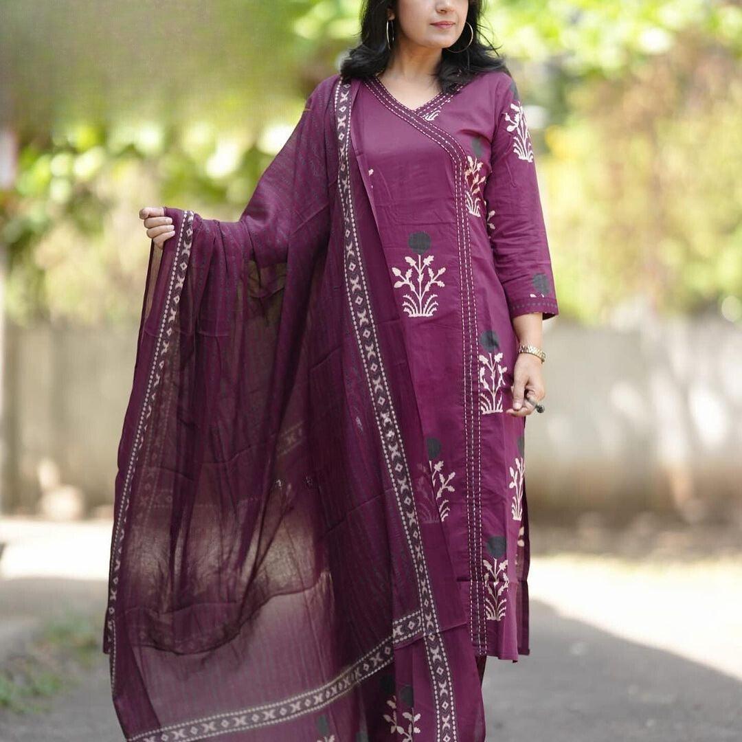 Maroon Printed Cotton Kurta and Pant Set with Mulmul Dupatta