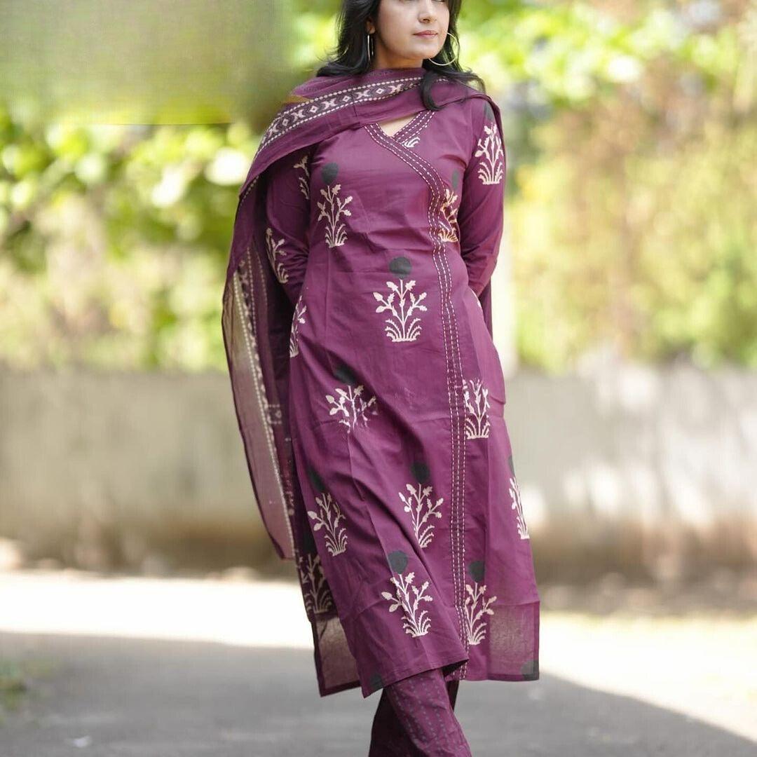 Maroon Printed Cotton Kurta and Pant Set with Mulmul Dupatta