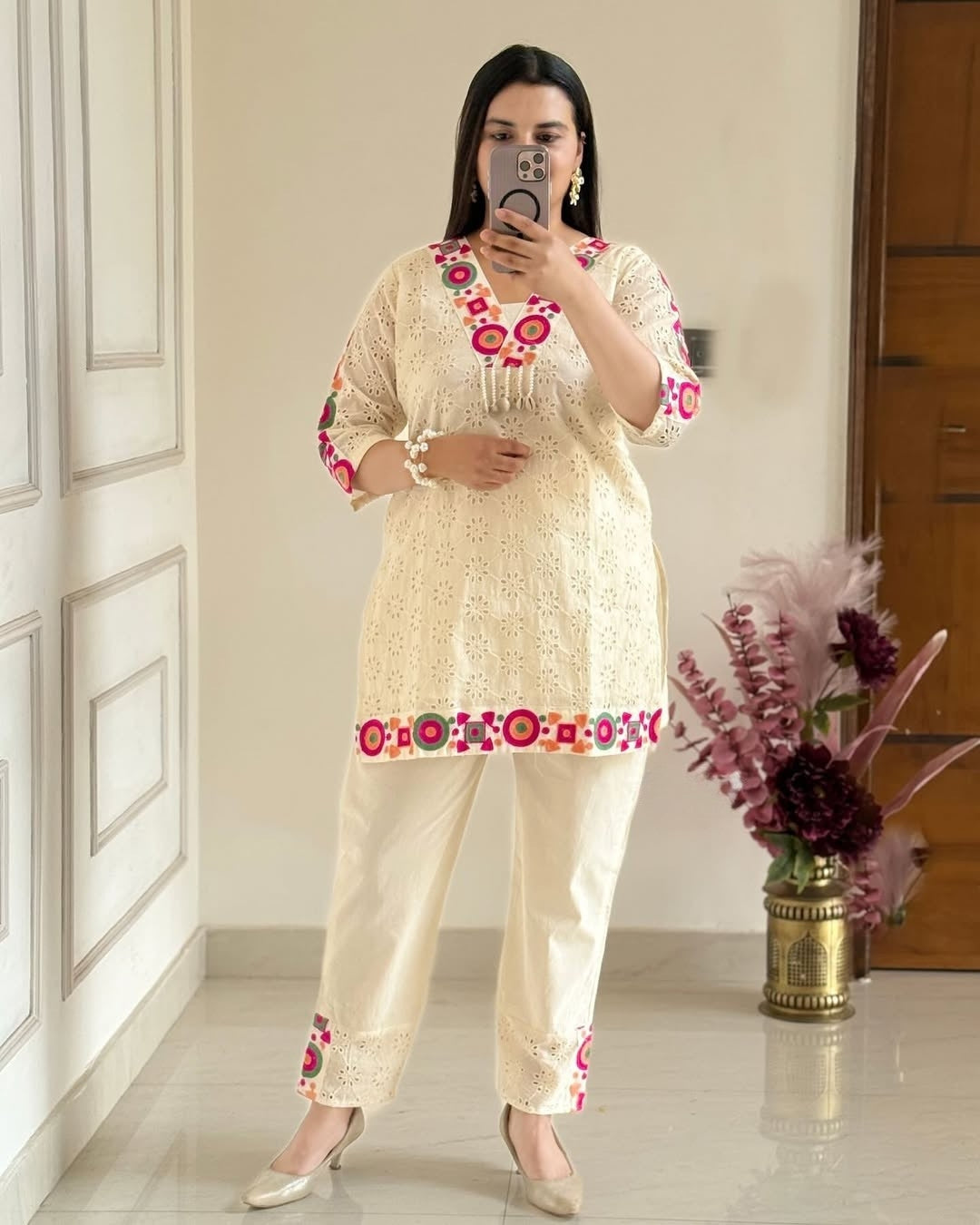 Off White Embroidered Cotton Schiffli Kurta and Pant Set