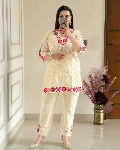 Off White Embroidered Cotton Schiffli Kurta and Pant Set