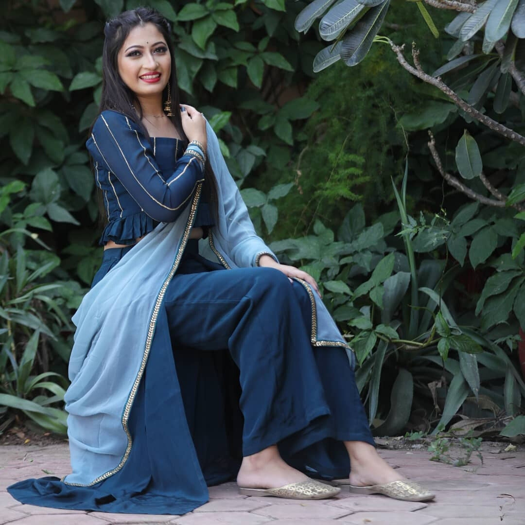 Teal Blue Crop Top and Open Skirt Palazzo with Dupatta