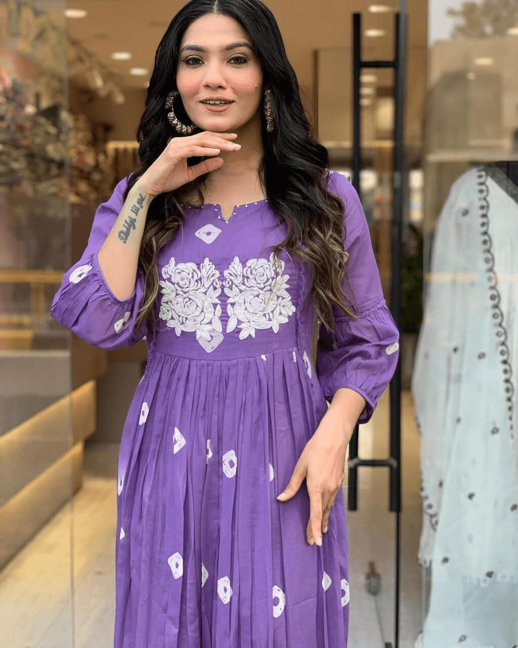 Purple Embroidered Cotton Anarkali Kurta and Pant Set