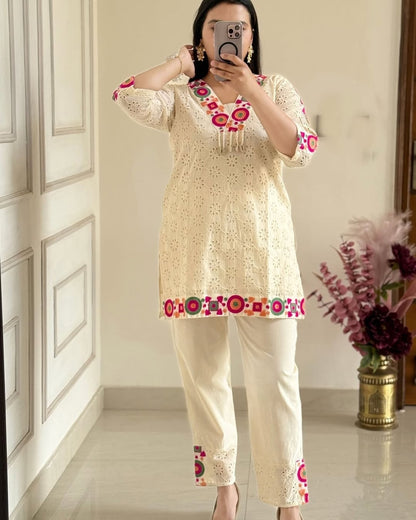 Off White Embroidered Cotton Schiffli Kurta and Pant Set