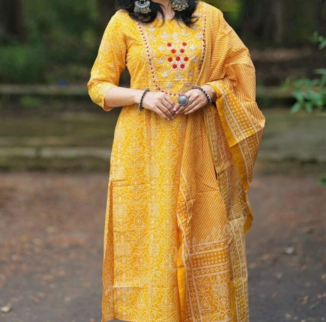 Yellow Bandhani Printed Embroidered Kurta Pant Set with Dupatta