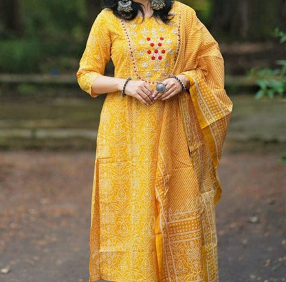 Yellow Bandhani Printed Embroidered Kurta Pant Set with Dupatta