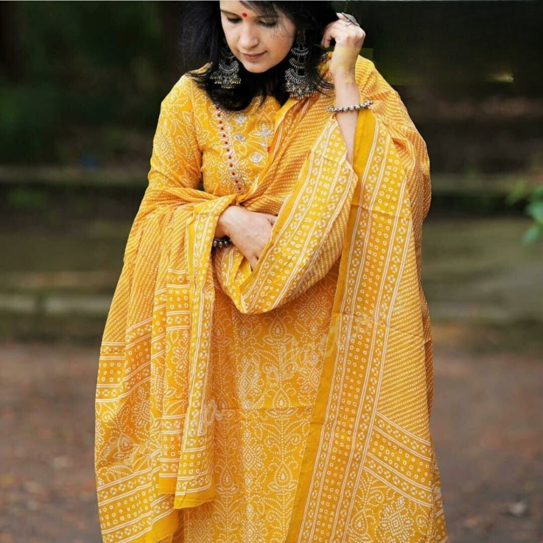 Yellow Bandhani Printed Embroidered Kurta Pant Set with Dupatta