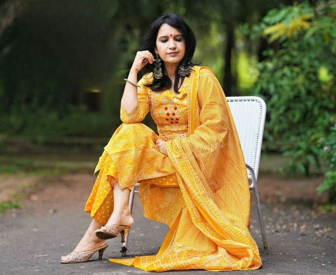 Yellow Bandhani Printed Embroidered Kurta Pant Set with Dupatta – Style ...