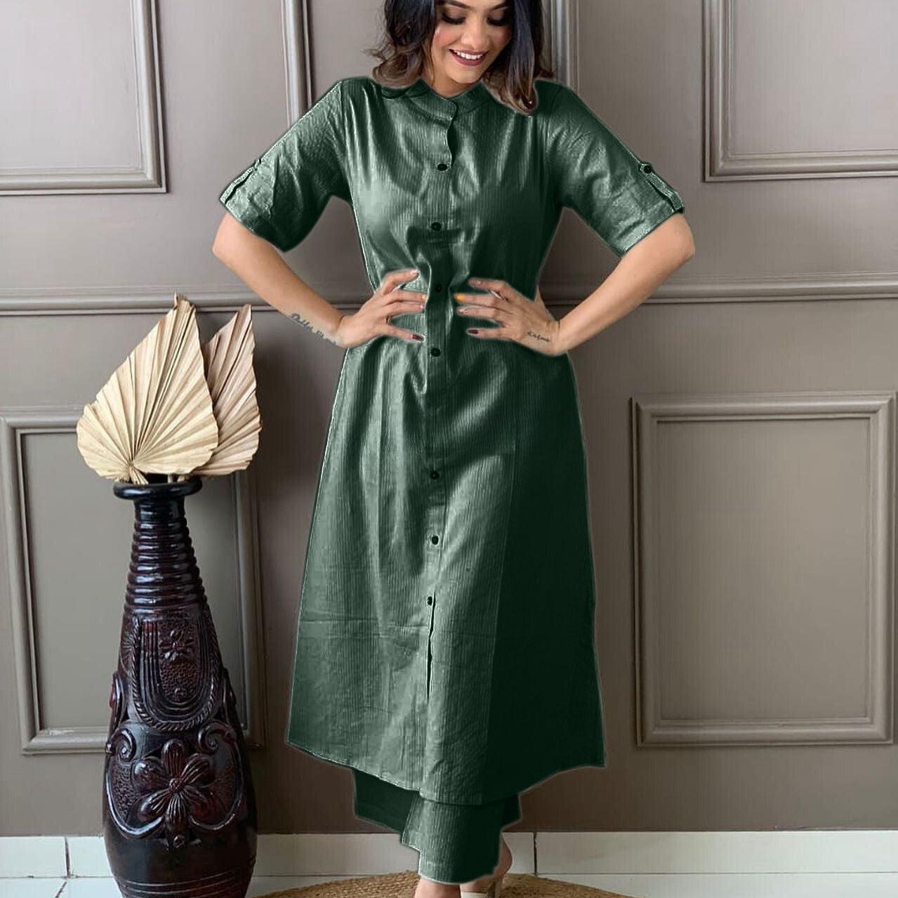 Bottle Green Katha Cotton Kurta and Palazzo Set