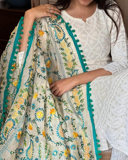 Chikankari Off White Kurta and Pant Set with Printed Chanderi Dupatta