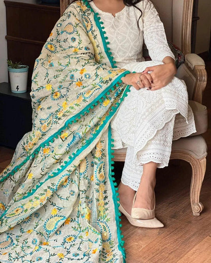 Chikankari Off White Kurta and Pant Set with Printed Chanderi Dupatta