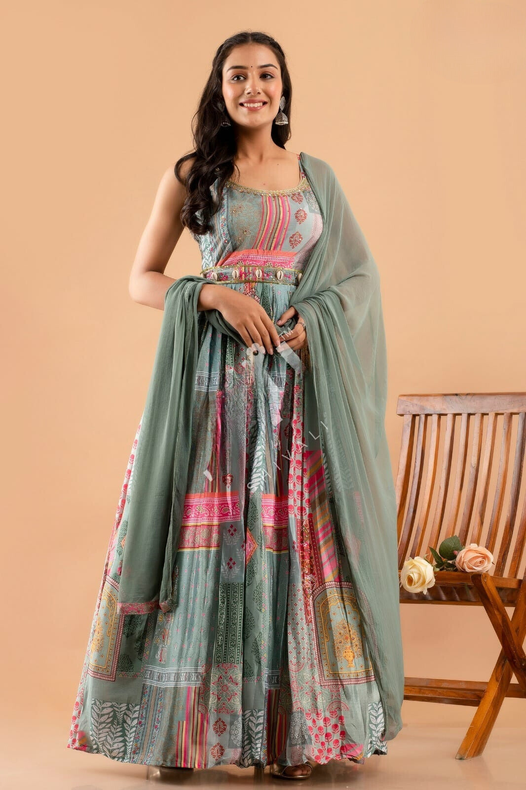 Printed Classic Strap Maxi With Hadwork Belt and Dupatta