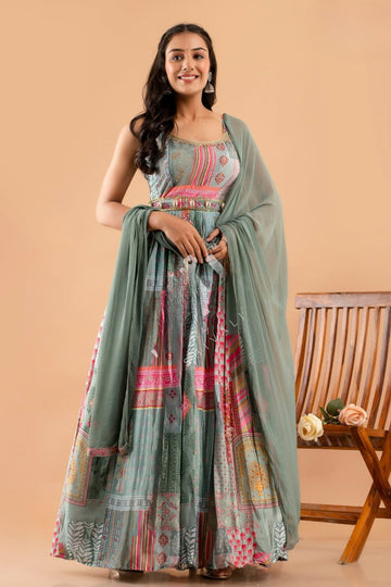 Printed Classic Strap Maxi With Hadwork Belt and Dupatta