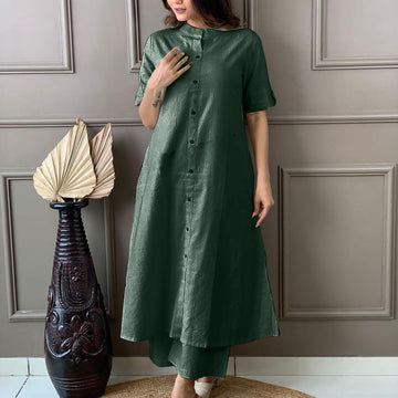 Bottle Green Katha Cotton Kurta and Palazzo Set