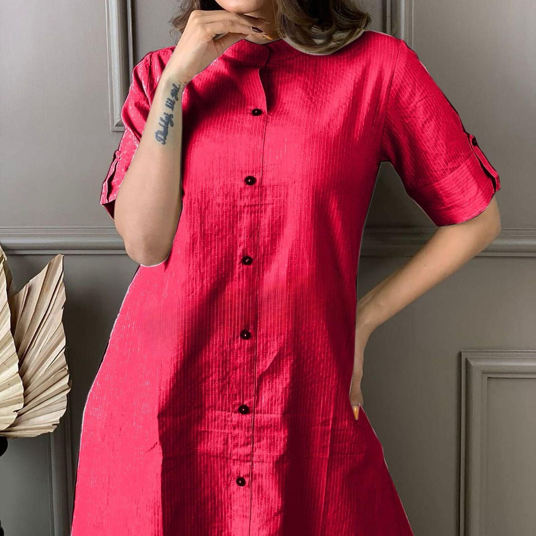 Red Katha Cotton Kurta and Palazzo Set