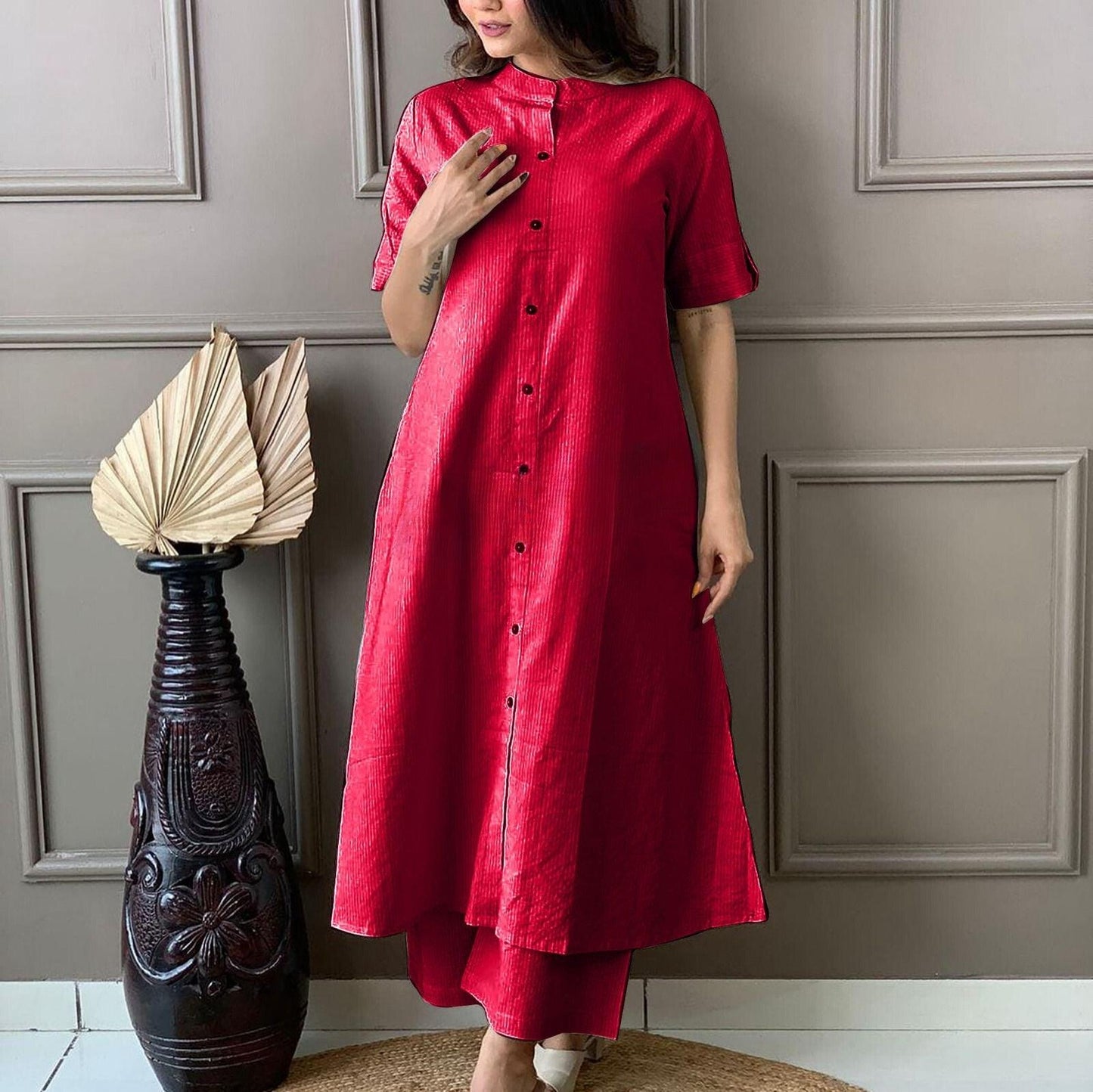 Red Katha Cotton Kurta and Palazzo Set