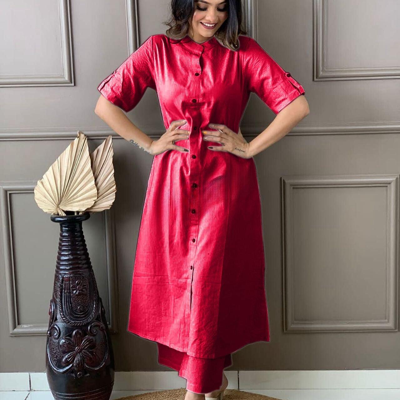 Red Katha Cotton Kurta and Palazzo Set