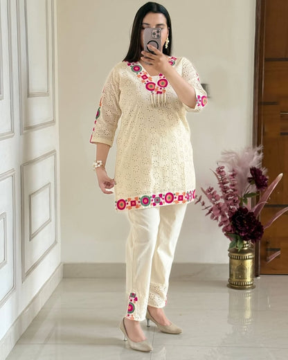 Off White Embroidered Cotton Schiffli Kurta and Pant Set