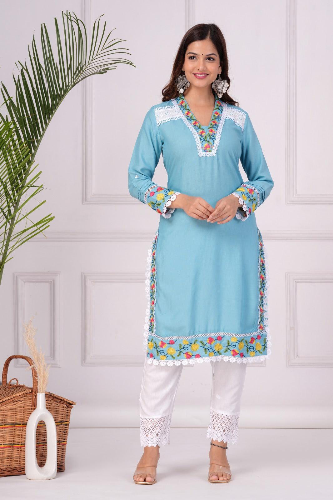 Embroidered Kurta and Pant Set (Moonstone Blue)