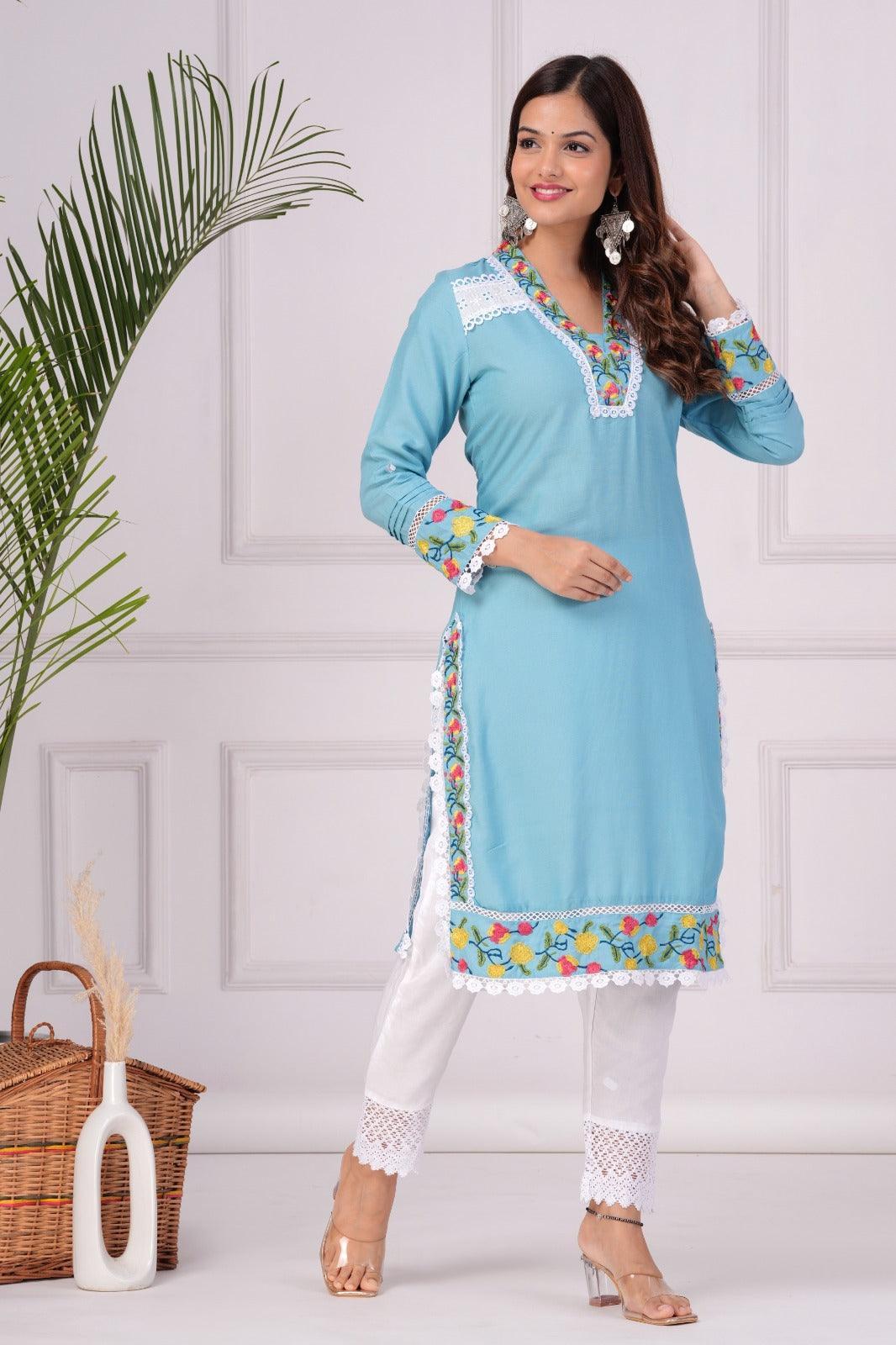 Embroidered Kurta and Pant Set (Moonstone Blue)