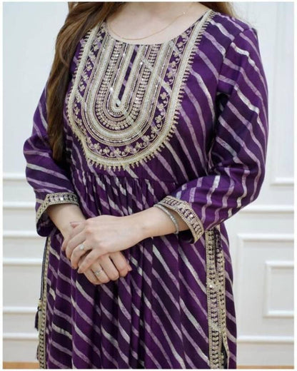 Embroidered Leheriya Printed Kurta and Pant Set