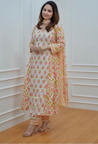 Floral Printed Cotton Kurta Pant Set with Dupatta