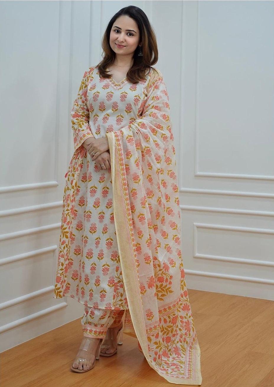 Floral Printed Cotton Kurta Pant Set with Dupatta