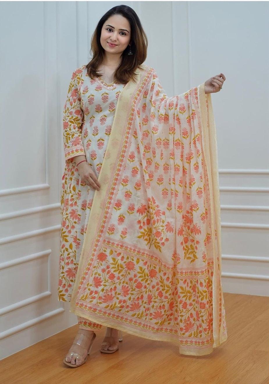 Floral Printed Cotton Kurta Pant Set with Dupatta