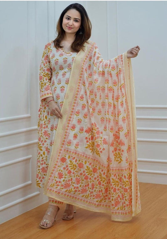 Floral Printed Cotton Kurta Pant Set with Dupatta