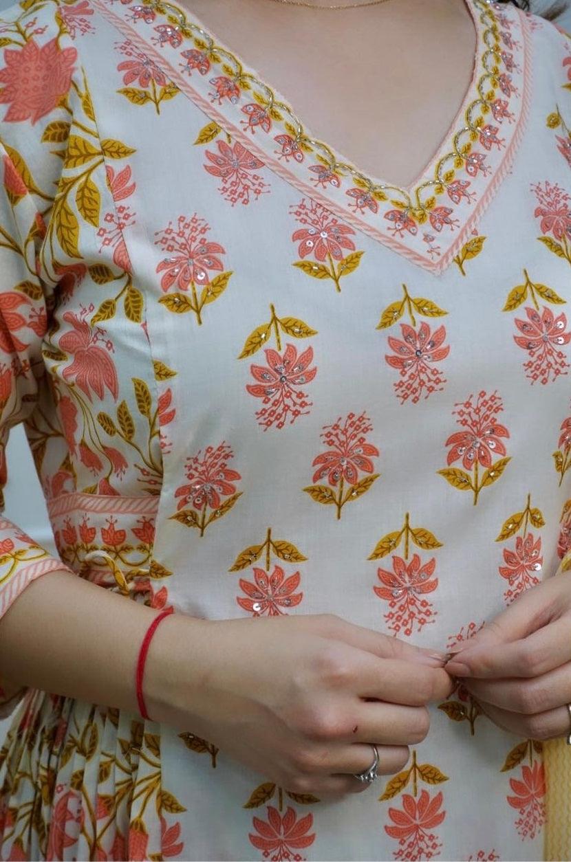 Floral Printed Cotton Kurta Pant Set with Dupatta