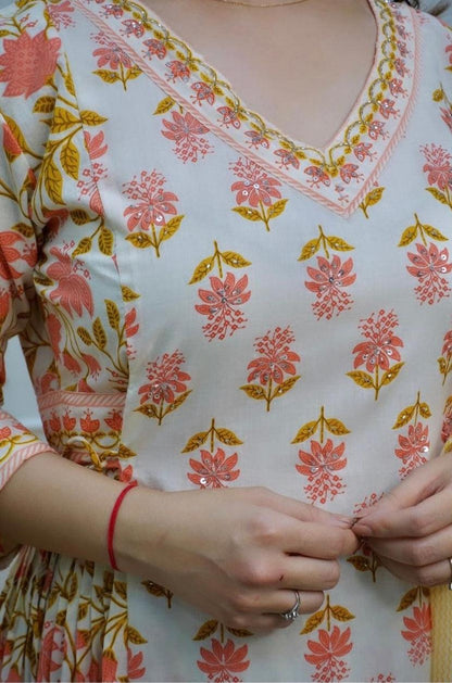 Floral Printed Cotton Kurta Pant Set with Dupatta