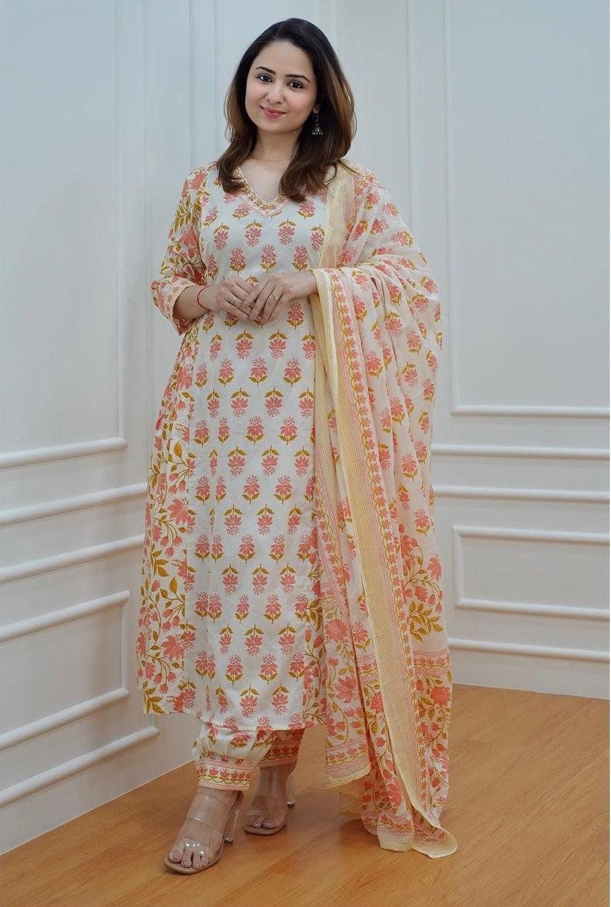 Floral Printed Cotton Kurta Pant Set with Dupatta