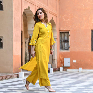 Mirror Work Yellow Cotton Kurta Palazzo Set