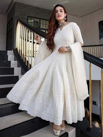 Chikankari Cotton Off White Anarkali Kurta with Dupatta