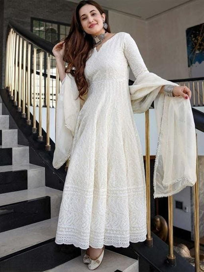 Chikankari Cotton Off White Anarkali Kurta with Dupatta