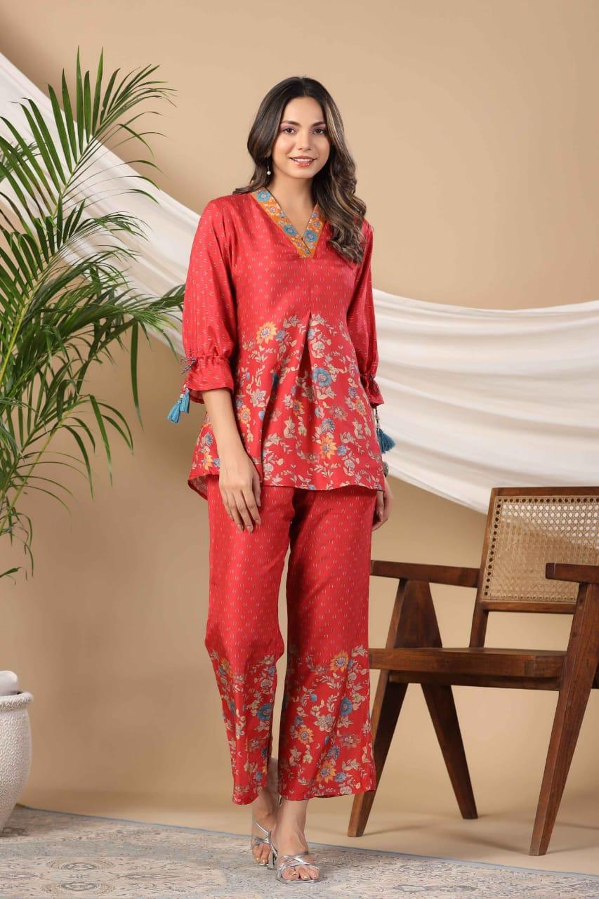 Floral Printed Poly Muslin Red Co-Ord Set