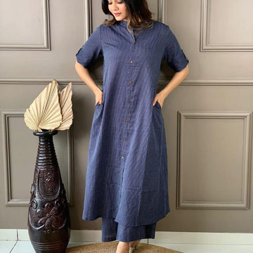 Mist Blue Katha Cotton Kurta and Palazzo Set