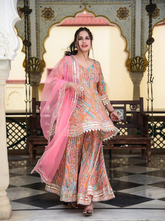 Peachy Pink Gota Work Muslin Suit Set with Dupatta