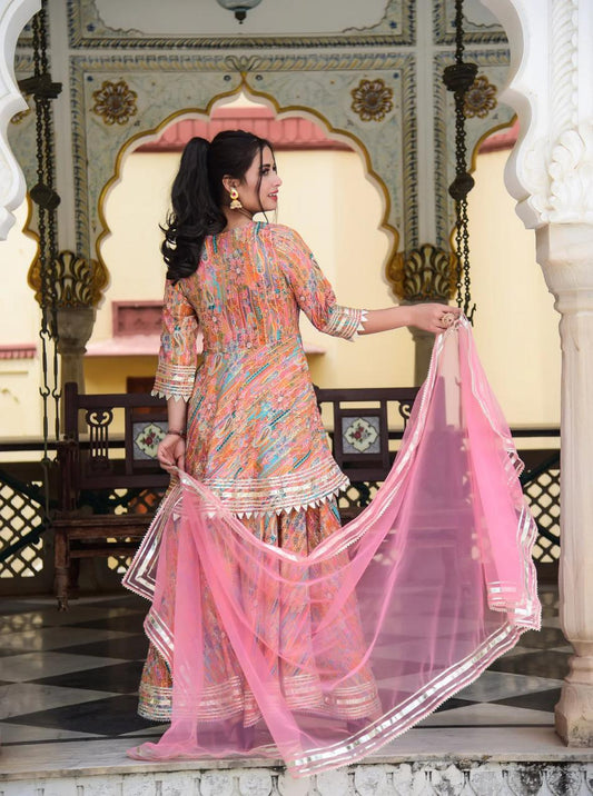 Peachy Pink Gota Work Muslin Suit Set with Dupatta