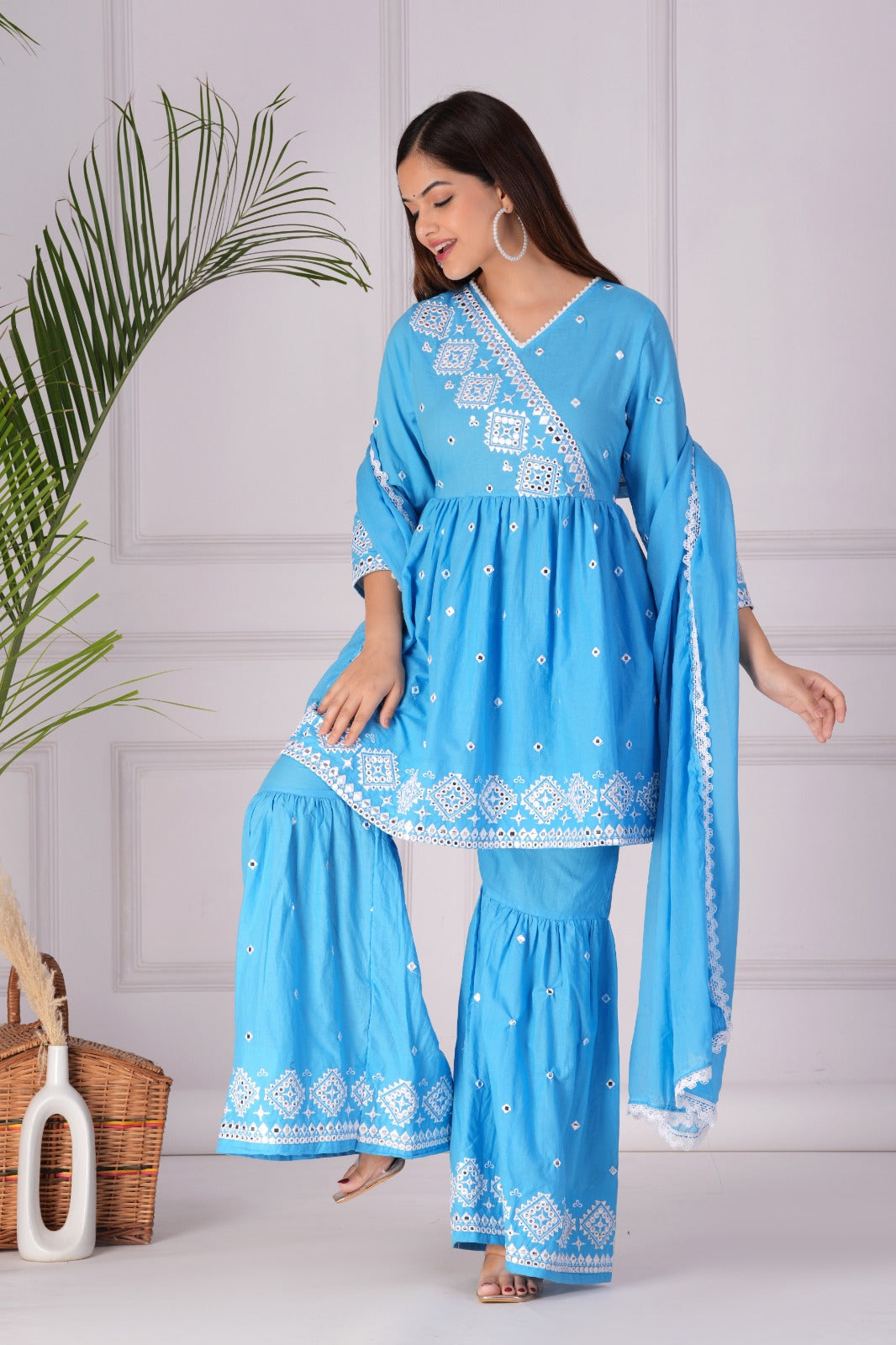 Sky Blue Embroidered Kurta Sharara Set with Dupatta