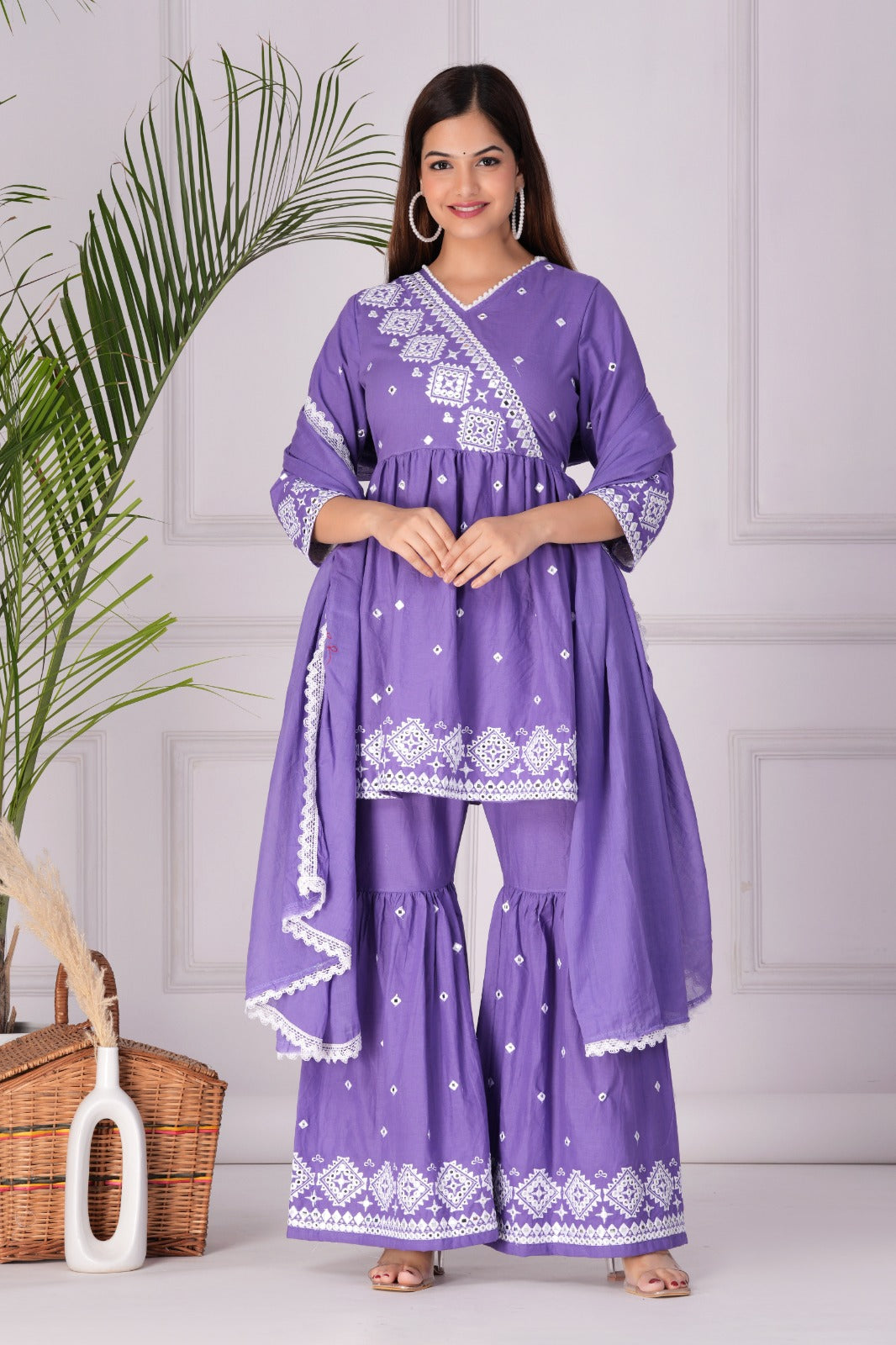 Purple Embroidered Kurta Sharara Set with Dupatta