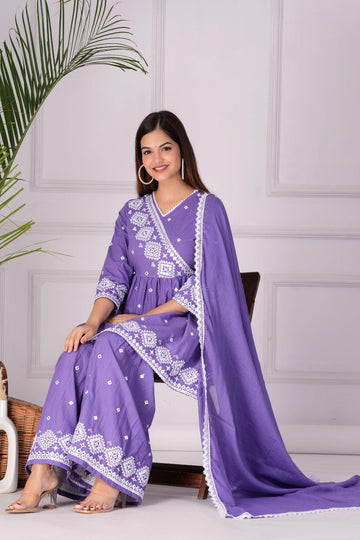 Purple Embroidered Kurta Sharara Set with Dupatta