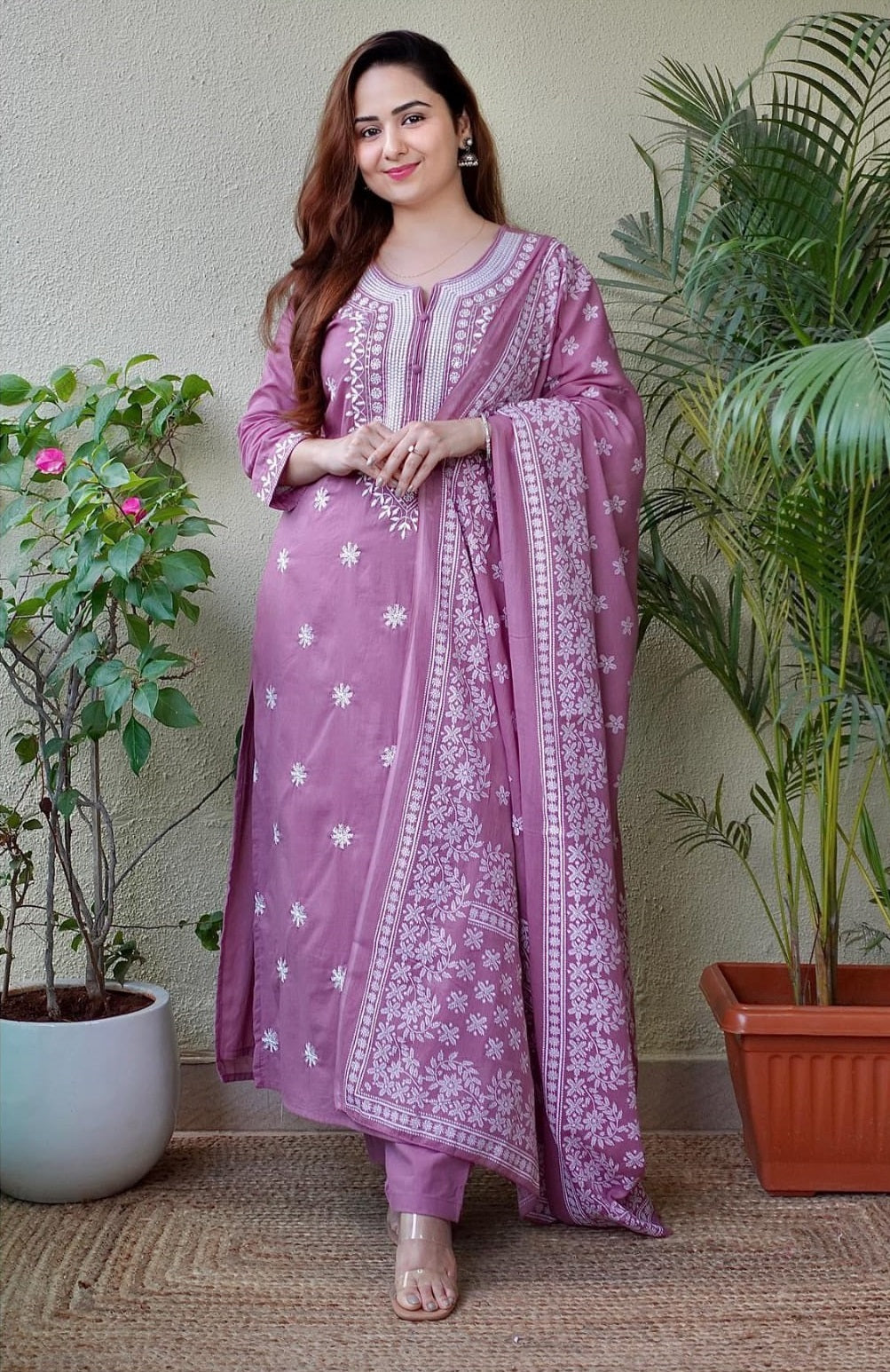 Dusty Lavender Embroidered Suit Set with Dupatta