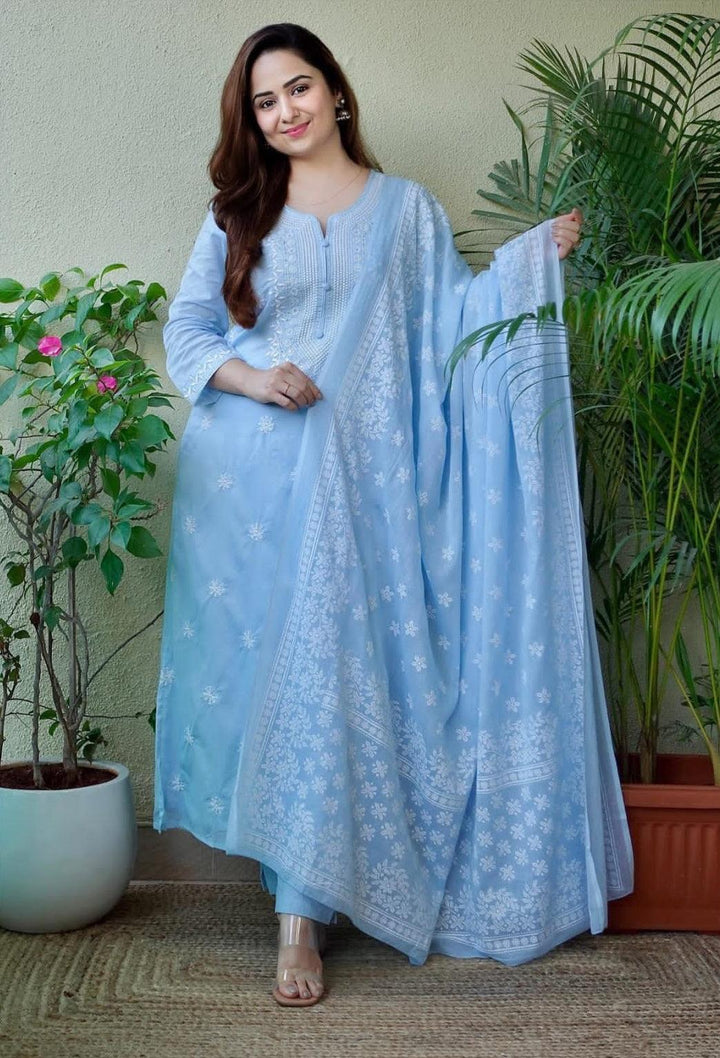 RBD040 - Blue Chinnon suit comes with embroidery on yoke. Comes with dupatta.
