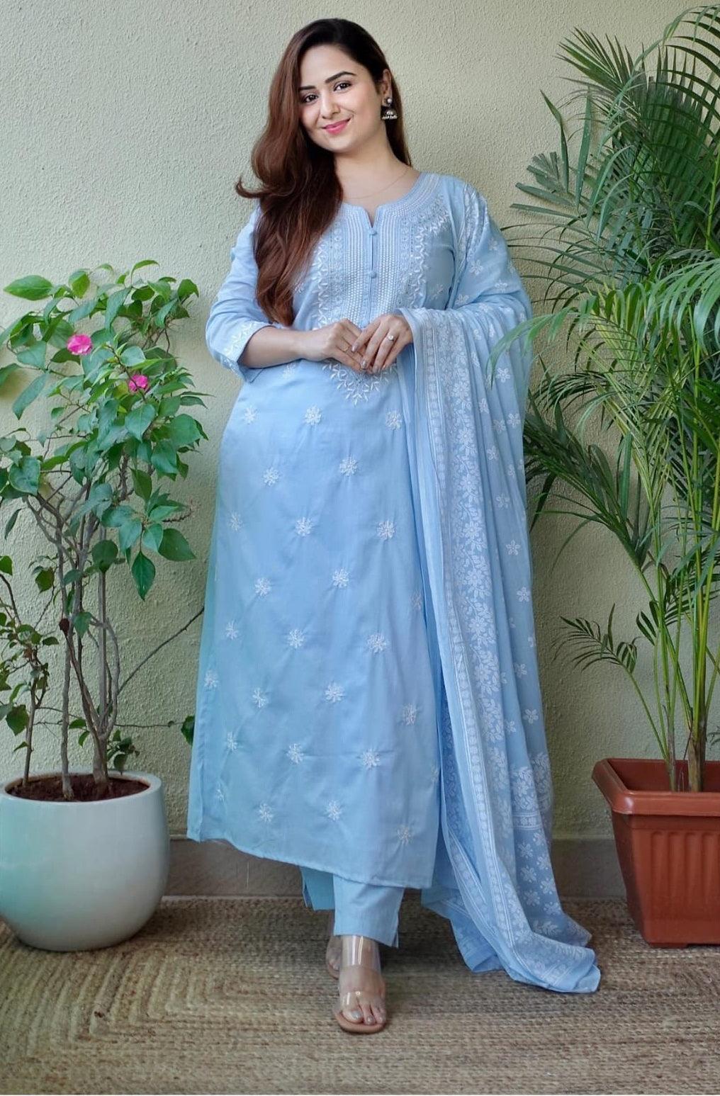 Carolina Blue Embroidered Suit Set with Dupatta – Style Jaipur