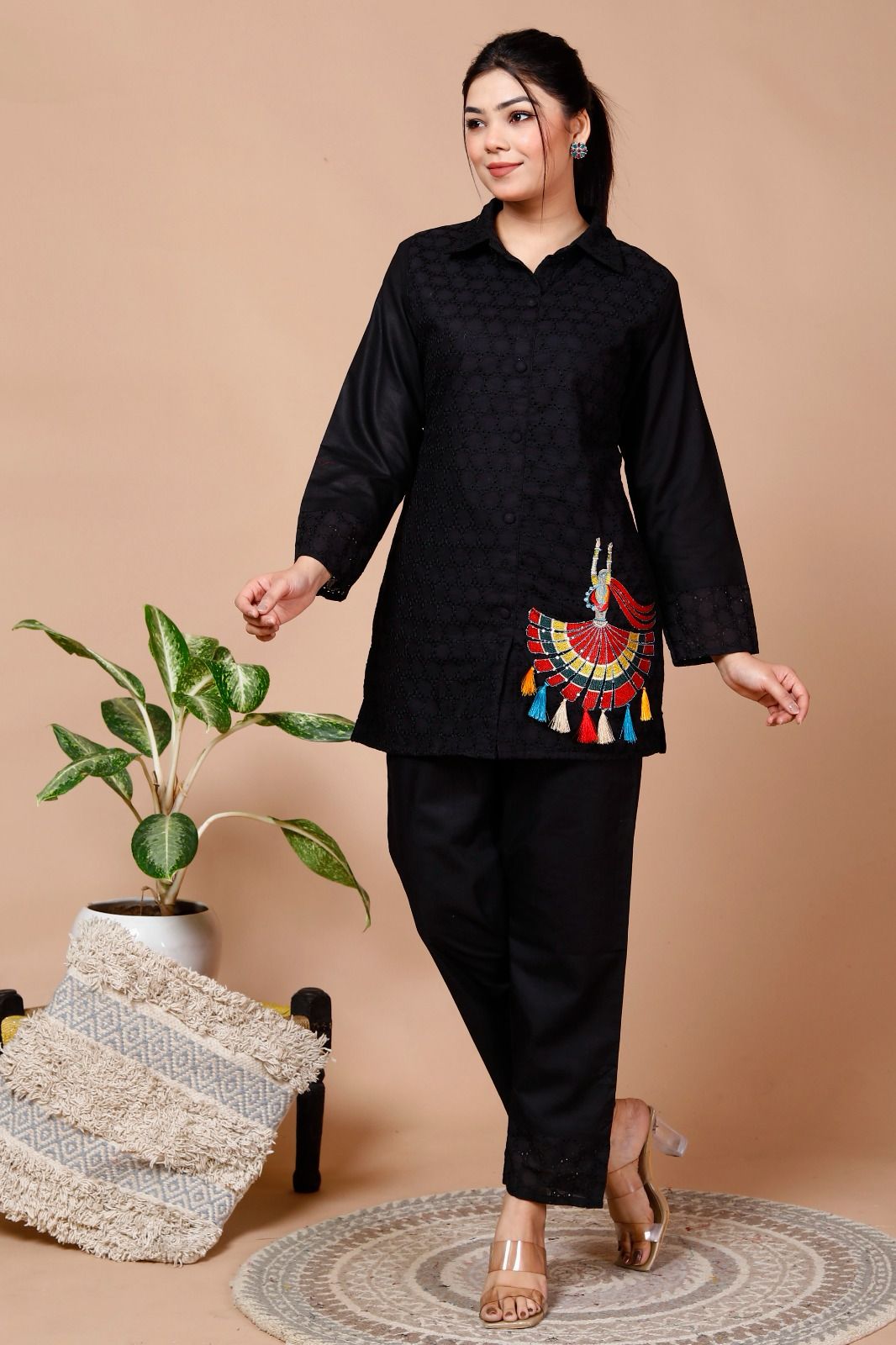 Black Sequence Embroidered Cotton Schiffli Co-Ord  Set