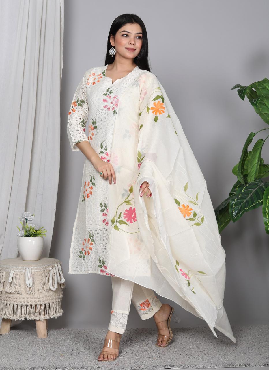 White Rock Cotton Crosia Net Brush Printed Suit Set with Mulmul Dupatta