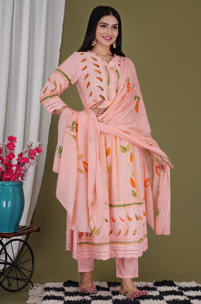 Rose Fog Sequence Embroidered Brush Printed Gown Kurta Suit Set with Mulmul Dupatta