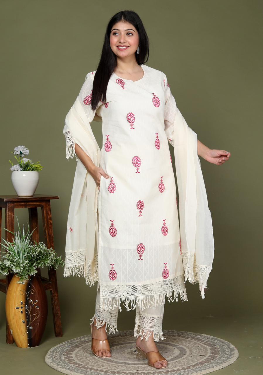 Sequence Embroidered Cotton Dobby Suit Set with Embroidered Dupatta