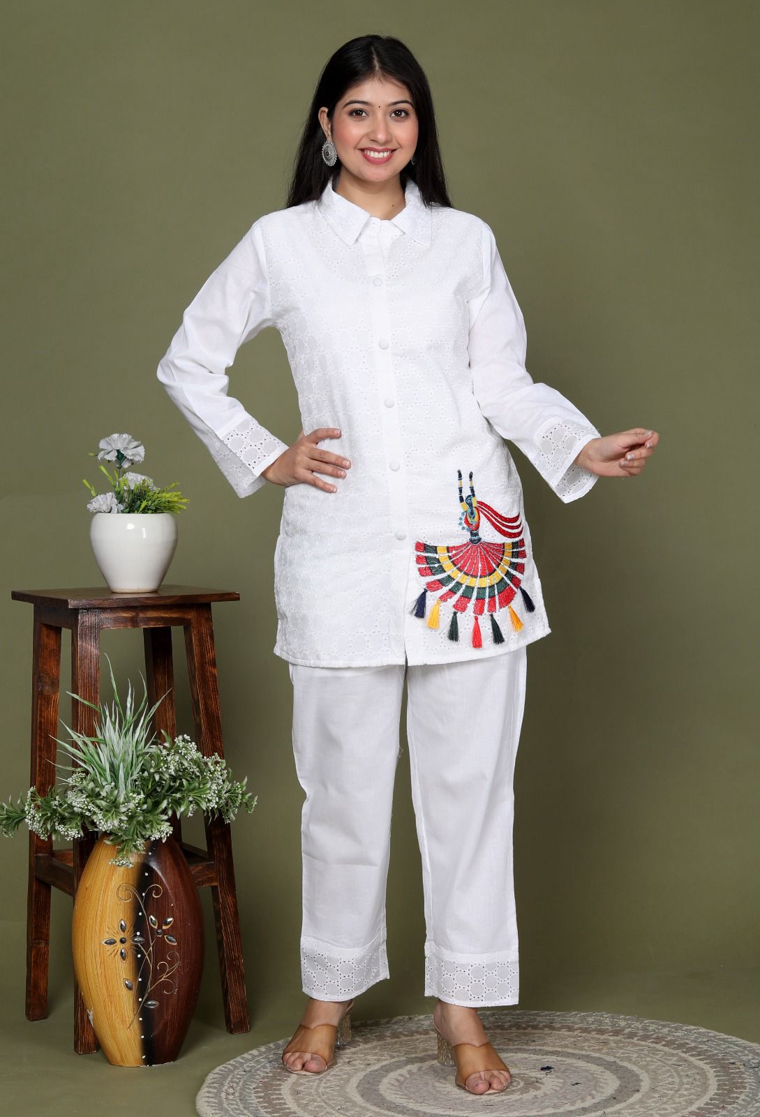 White Sequence Embroidered Cotton Schiffli Co-Ord  Set